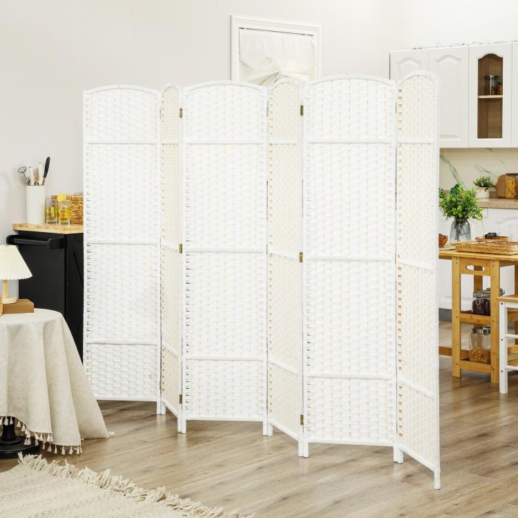 White 6-panel folding room divider screen standing in home interior