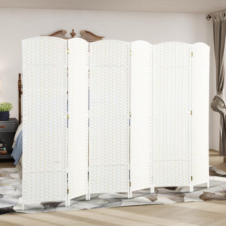 White 6-panel folding room divider screen forming privacy barrier in room
