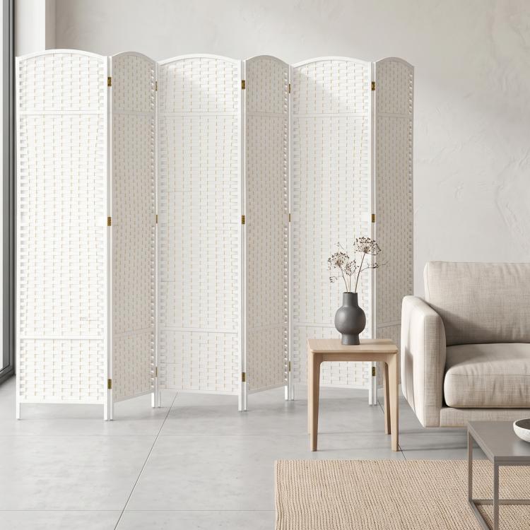 White 6-panel folding room divider screen near sofa and side table