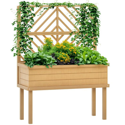 Natural wood raised planter box with trellis and climbing plant vines