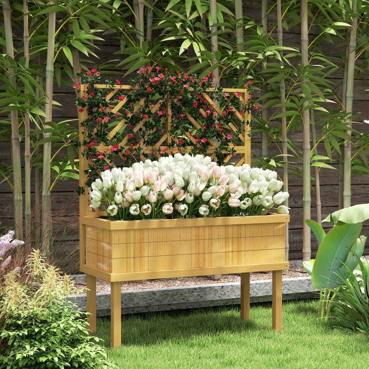 Elevated wood planter with trellis, filled with red and white flowers