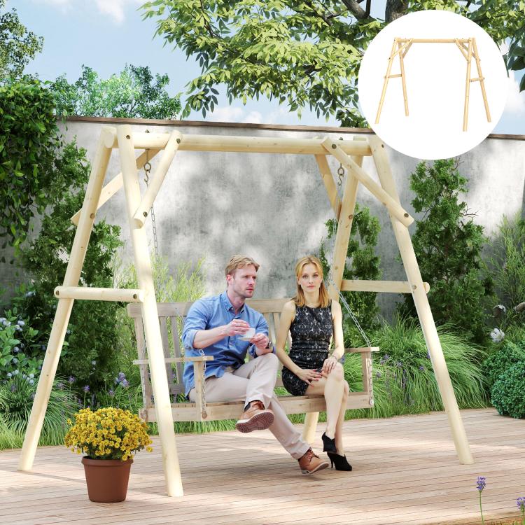 Natural wood A-frame porch swing stand with hanging chains and top crossbar