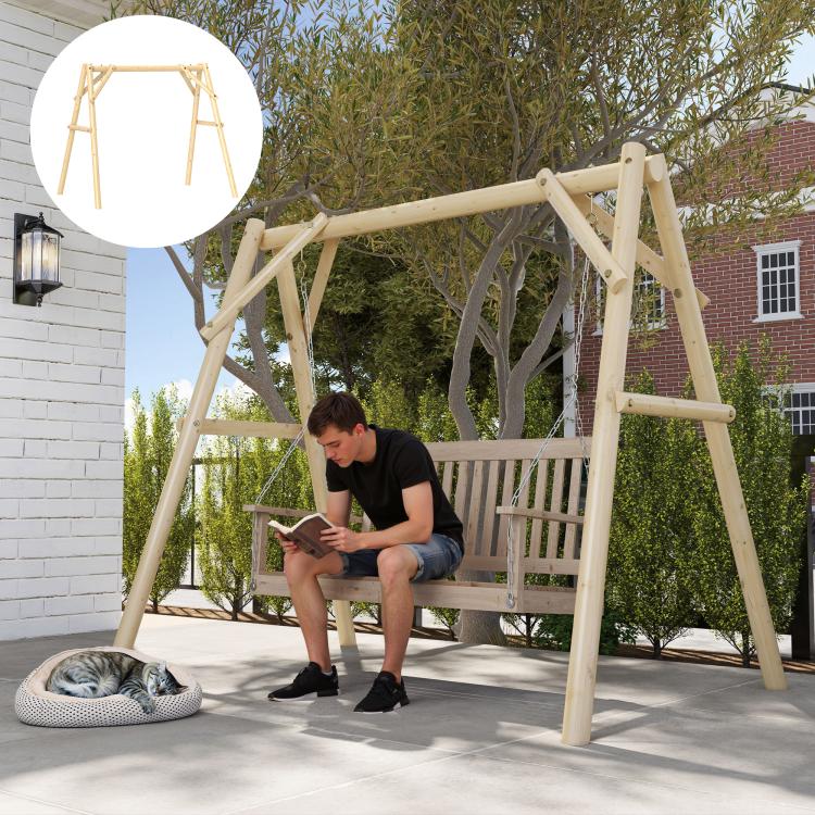 Natural wood A-frame hanging swing frame with side ladders and chain hooks
