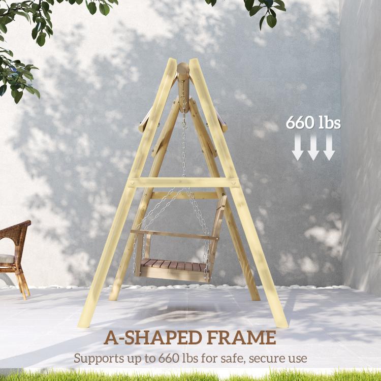 Natural wood A-shaped porch swing stand with chains and sturdy A-frame legs