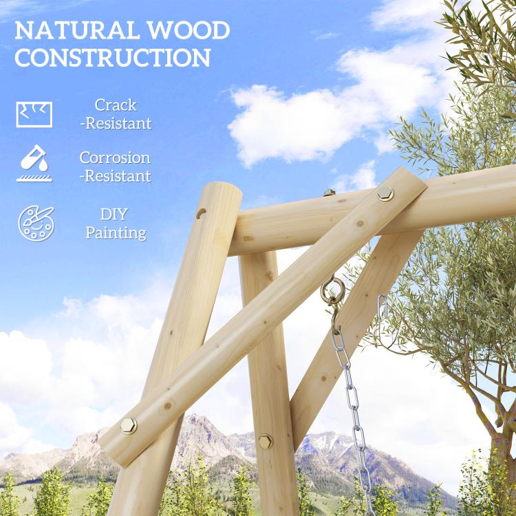 Natural wood A-frame swing stand close-up of diagonal braces and chain hardware