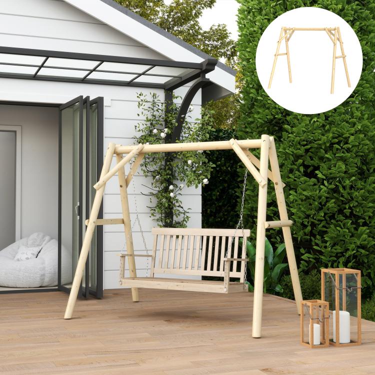 Natural wood A-frame porch swing stand with chains and hanging seat frame