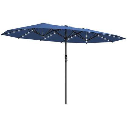 Blue patio double canopy parasol with LED light string along ribs and center pole