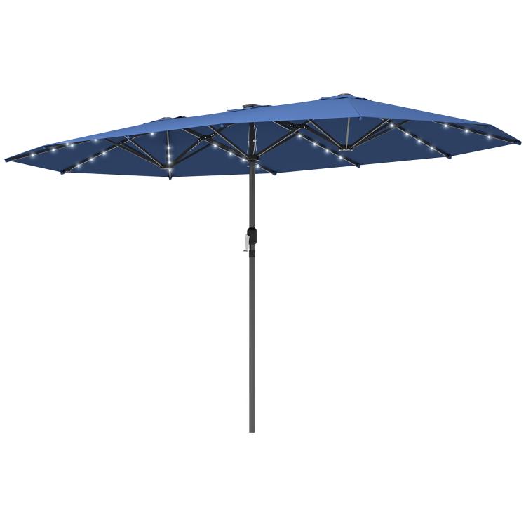 Blue outdoor sun umbrella with LED lights, double canopy, and upright center pole