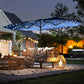 Blue garden sun umbrella with LED lights along edges and center pole