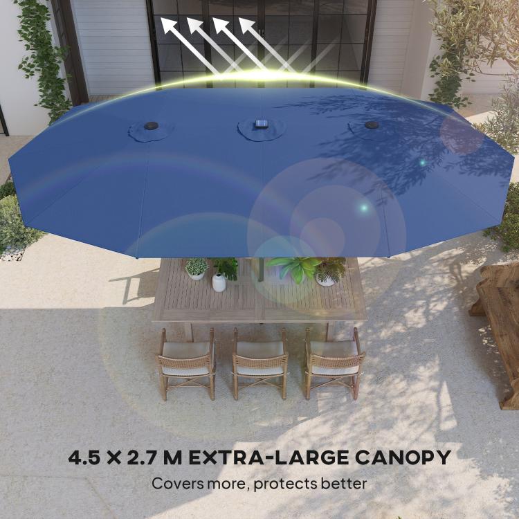 Blue parasol canopy with LED lights, top-down view over outdoor patio