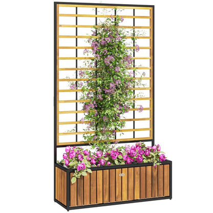 Teak wooden raised garden bed with trellis and colorful flowering plants