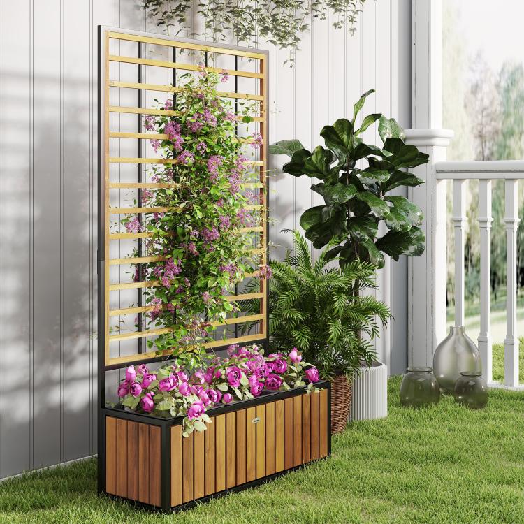 Teak wooden raised garden bed with trellis and removable planters, planted with flowers