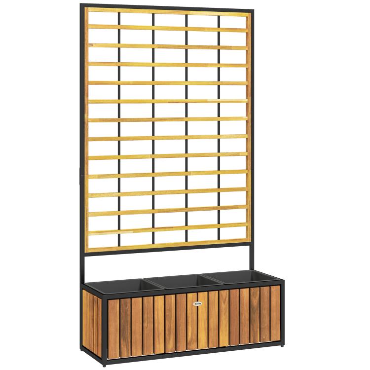 Teak wooden raised garden bed with black trellis and front planter box