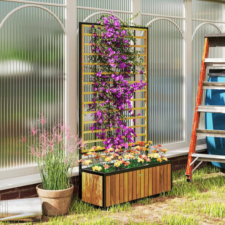 Teak raised garden bed with trellis grid and blooming flowers and greenery
