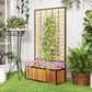 Wooden raised garden bed with trellis panel, purple flowers, and leafy plants