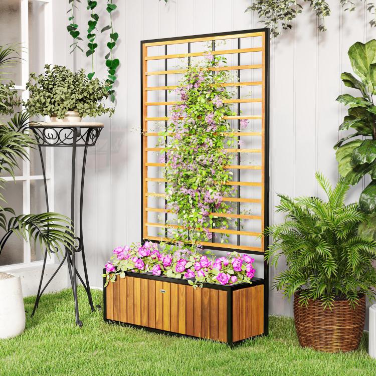Wooden raised garden bed with trellis panel, purple flowers, and leafy plants