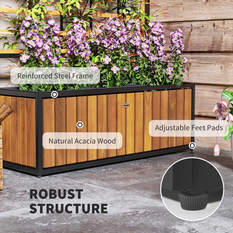 Wooden raised garden bed with trellis, reinforced frame, and purple blooms