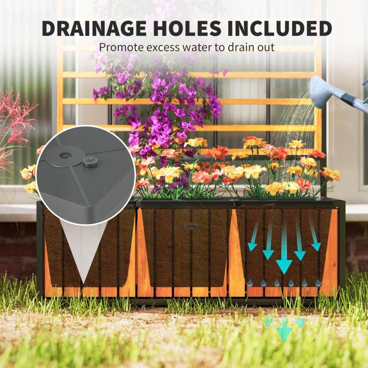 Wooden raised garden bed with trellis panel and planter with drainage holes