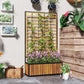 Wooden raised garden bed with trellis panel and front planter with mixed plants