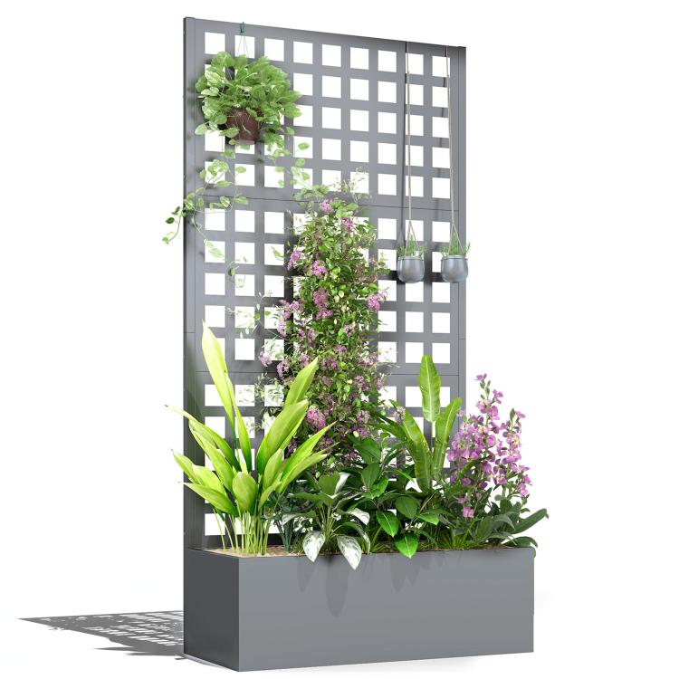 Gray raised garden planter box with tall trellis grid and climbing flowers