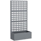 Gray raised garden bed planter box with upright grid trellis and planting bin