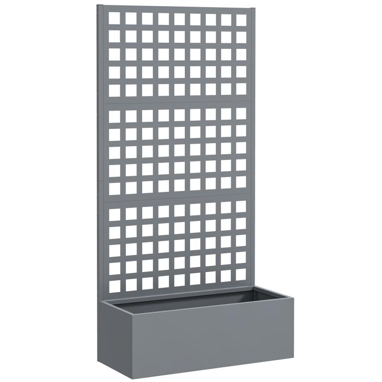 Gray raised garden bed planter box with upright grid trellis and planting bin