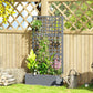 Gray raised planter with tall trellis grid, leafy vines, and purple blooms