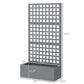 Gray raised garden bed with tall trellis panel showing dimensions