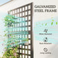Gray galvanized-style trellis frame with raised planter and climbing greenery
