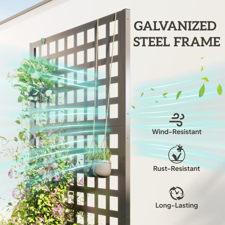 Gray galvanized-style trellis frame with raised planter and climbing greenery