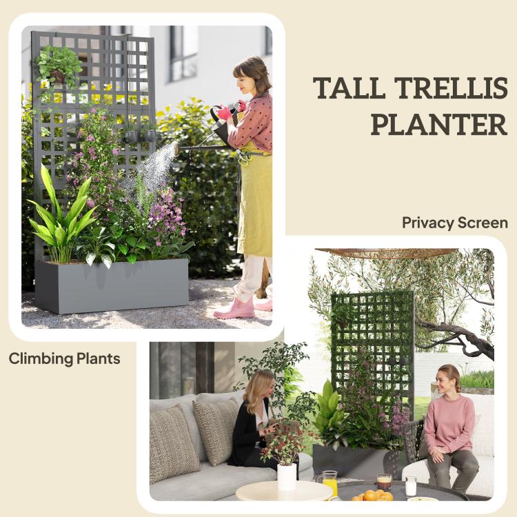Tall trellis planter box in gray with climbing plants and purple flowers