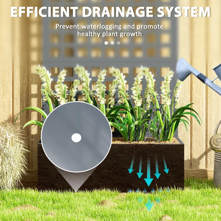 Gray raised planter with flower bed and visible drainage water flow arrows