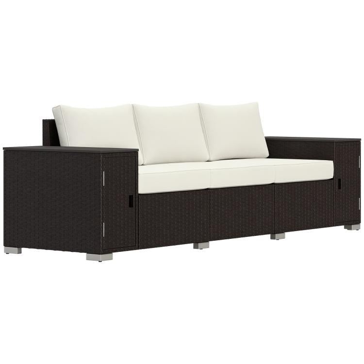 3-seat outdoor wicker couch with storage, cream seat and back cushions, dark frame