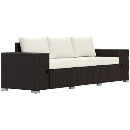 3-seat outdoor wicker couch with storage, cream seat and back cushions, dark frame