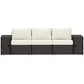 3-seat outdoor wicker couch with storage compartments, cream cushions, dark woven frame