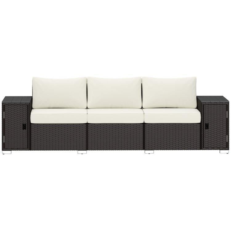 3-seat outdoor wicker couch with storage compartments, cream cushions, dark woven frame