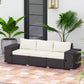 3-seat outdoor wicker couch with cream cushions and dark armrest storage compartments