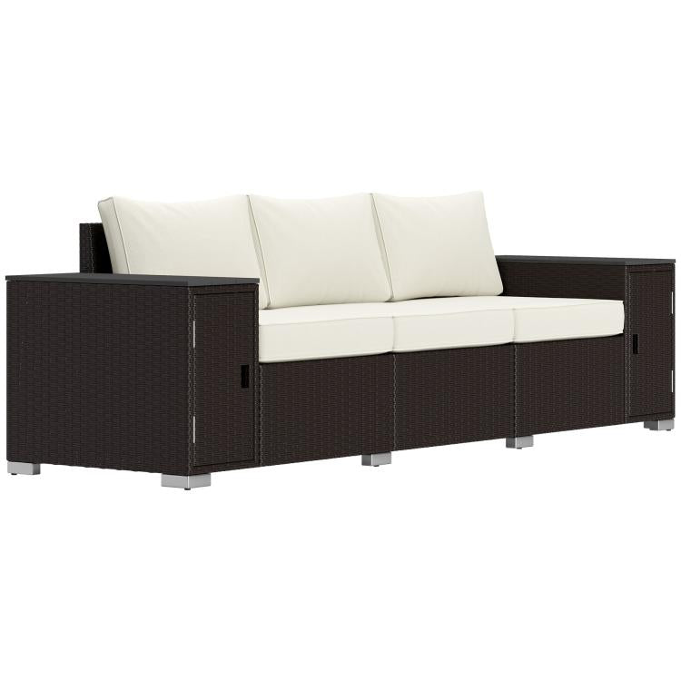Outdoor wicker sofa with cream seat and back cushions, dark side storage panels