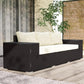 Outdoor wicker sofa with storage side cabinet, cream cushions, dark woven frame
