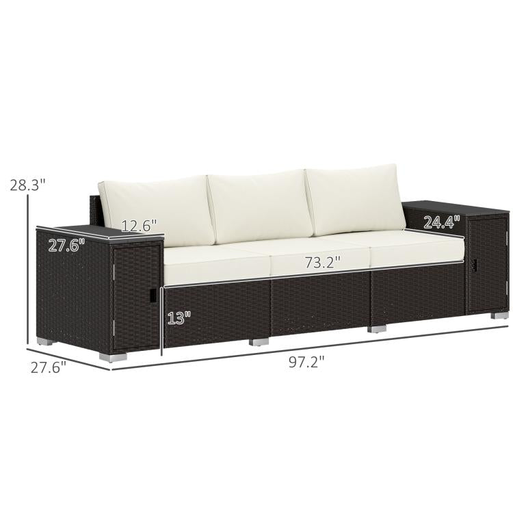 3-seat outdoor wicker sofa with storage, cream cushions, shown with size measurements
