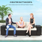 Outdoor 3-seat wicker sofa with cream cushions and storage, dark woven frame