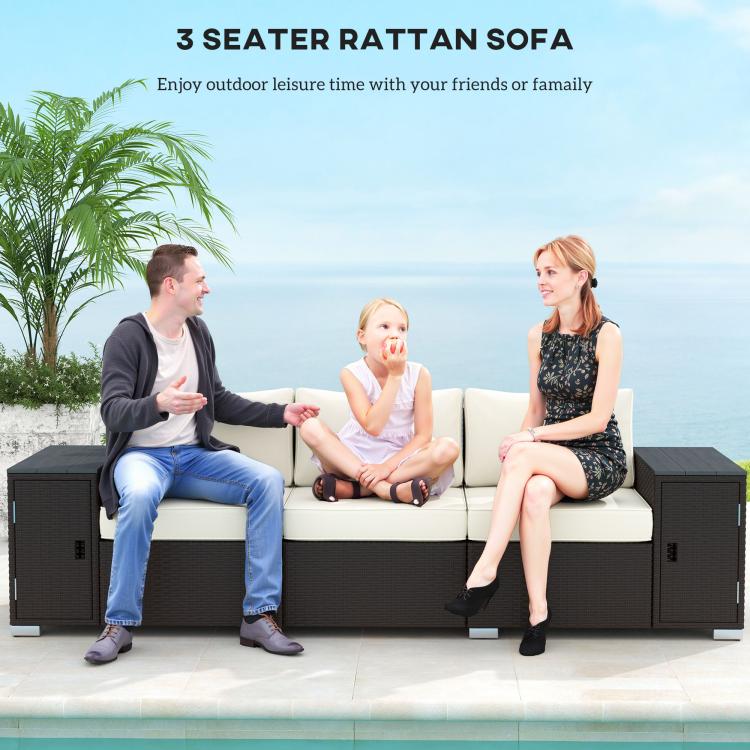 Outdoor 3-seat wicker sofa with cream cushions and storage, dark woven frame