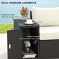 Outdoor wicker sofa with dual-purpose armrests, cream cushions, hidden storage