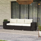 3-seat outdoor wicker sofa with cream cushions and storage, dark frame on patio