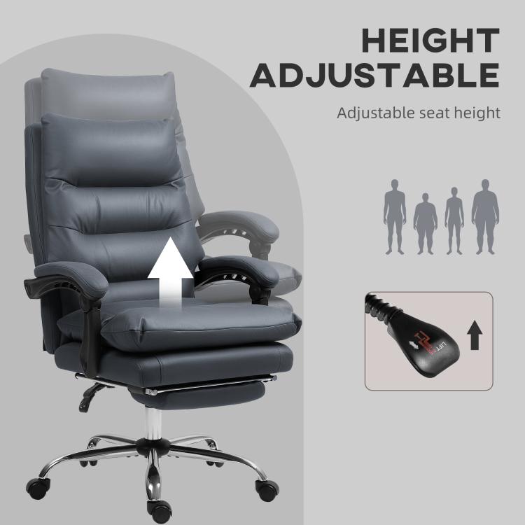 Dark gray reclining chair showing height-adjustable seat and footrest support