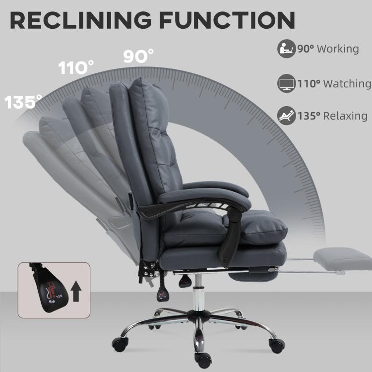Dark gray reclining massage chair with recline angle scale and leg support