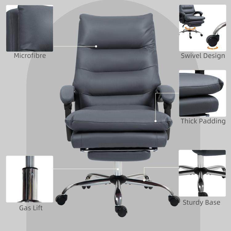 Dark gray office massage chair with microfibre look, thick padding, swivel base, and gas lift