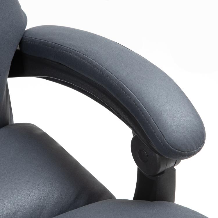 Close-up of dark gray cushioned armrest on reclining office chair
