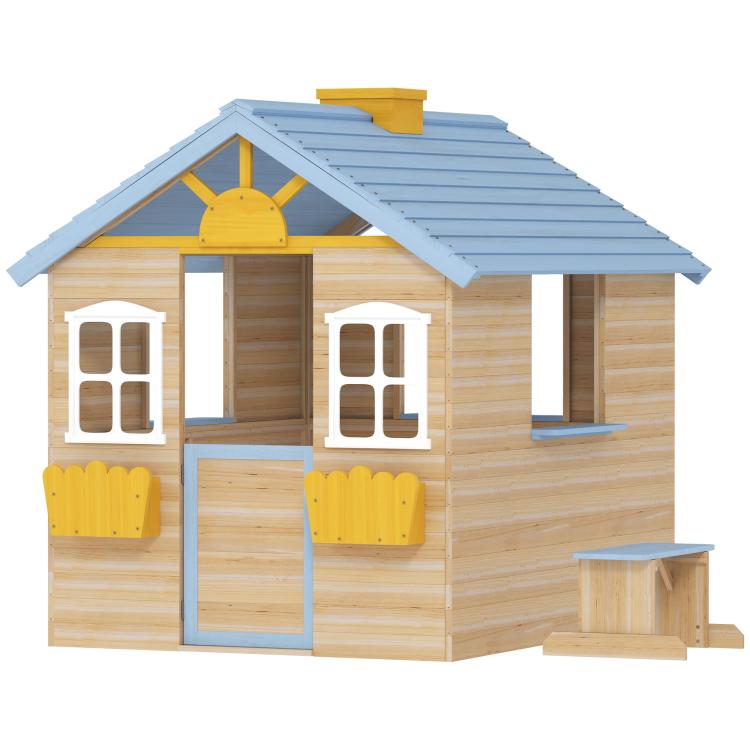 Wooden kids playhouse with blue roof, white window panels, and side bench