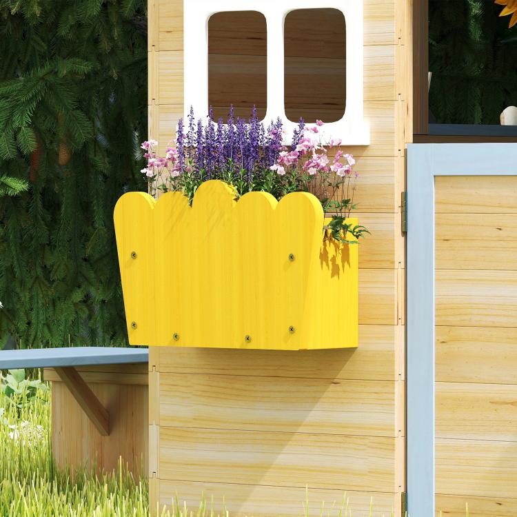 Kids wooden playhouse with yellow flower pot holder and two window openings
